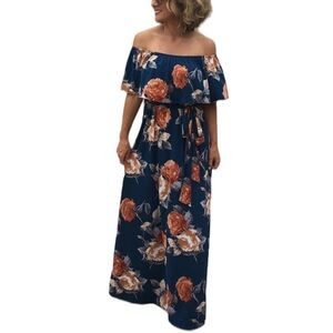 Pinkblush Floral Maxi Dress w Belt Maternity or Regular Size XL Navy Blue